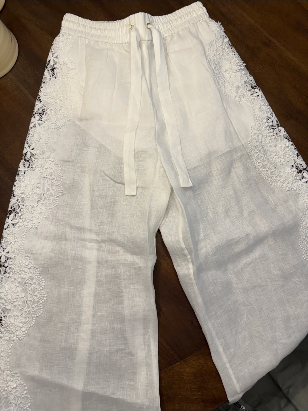 Zimmerman Women’s White Linen Wide-Leg Pants with Lace Trim